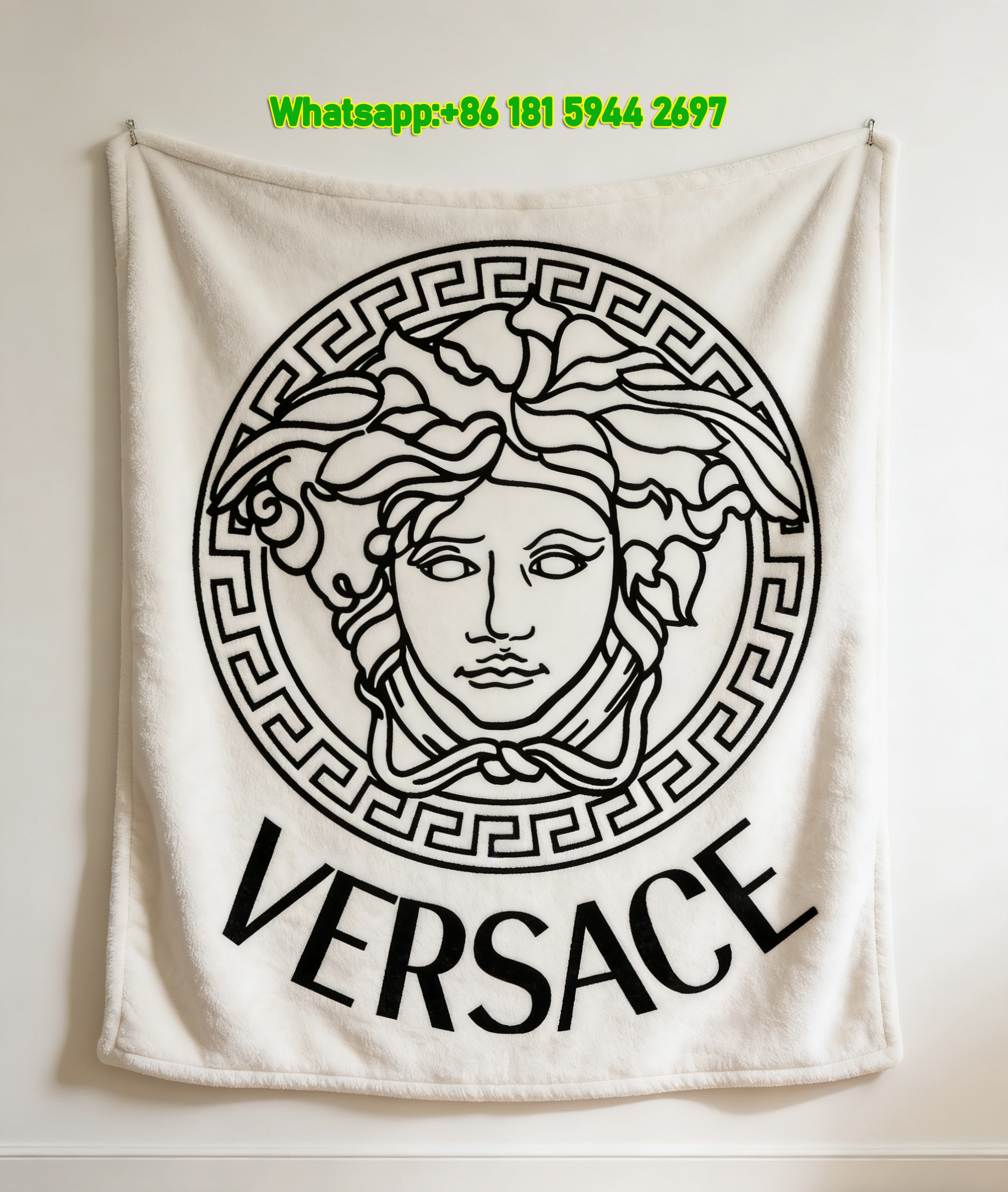 Versace White Black Medusa Greek Key Logo Printed Flannel Throw Blanket IMG_1258